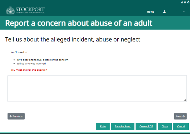 Computer screenshot reading [Tell us about the alleged incident, abuse or neglect]