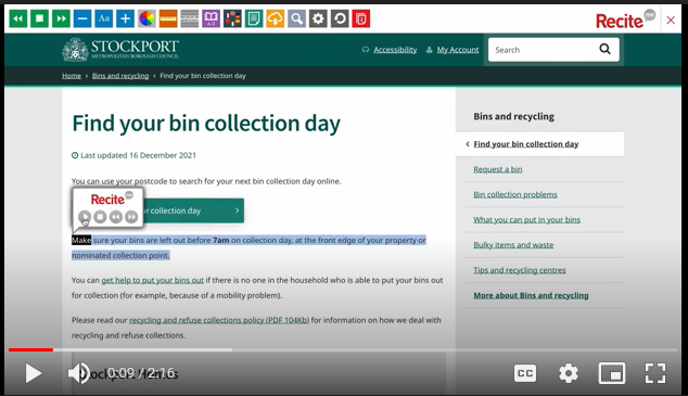 Screenshot of council bins page with Recite Me tool active