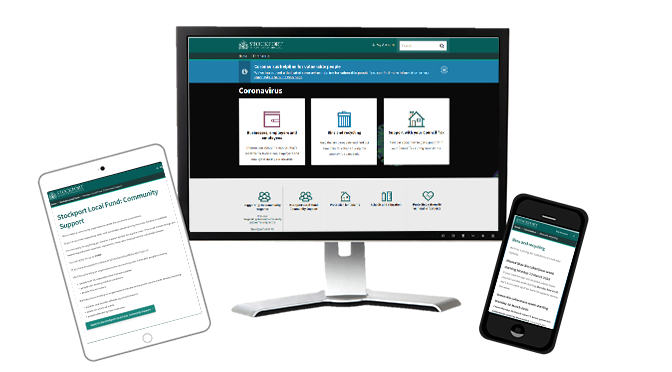 Computer, tablet and smartphone all displaying Stockport Council's website