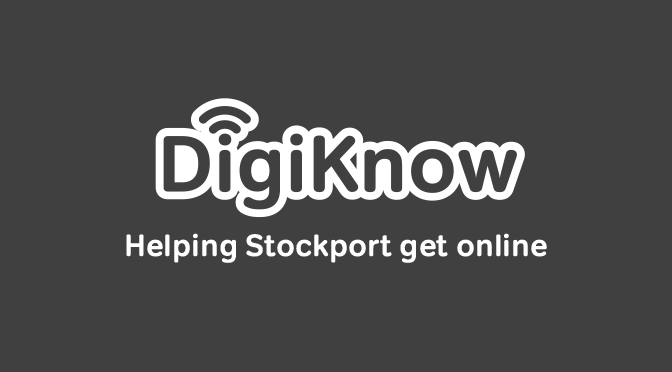 DigiKnow logo and the words Helping Stockport Get Online