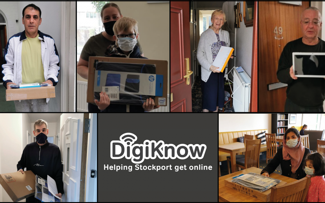 Different people holding digital devices, together with the DigiKnow logo