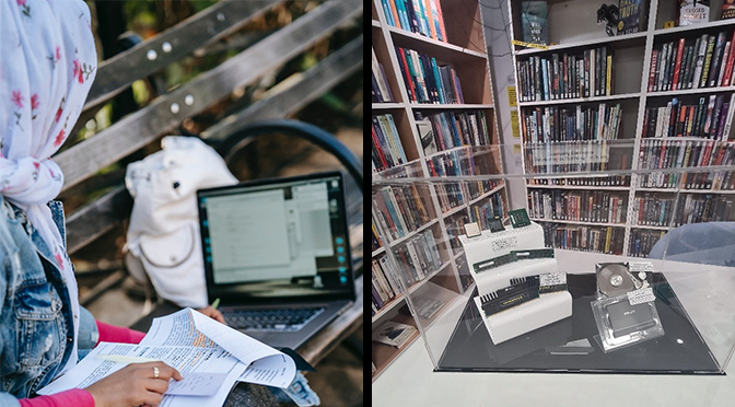 Woman using laptop on park bench. Separate image showing hard drive crusher used for recycling.