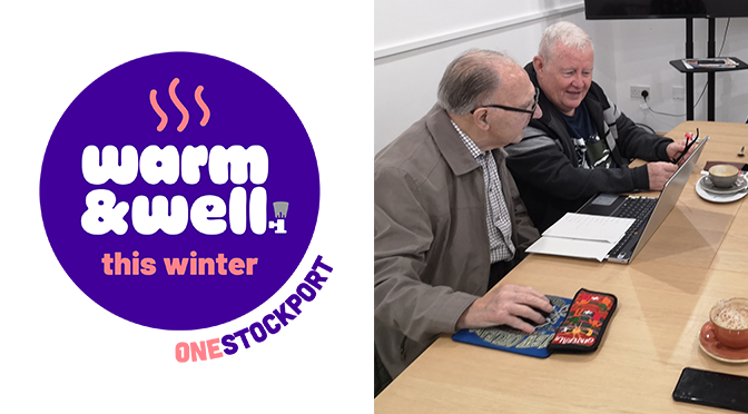 [warm and well] logo and two older men looking at computer with cups of coffee next to them