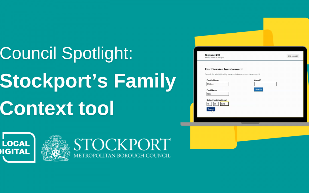 Graphic showing computer with Family Context start screen, Stockport Council logo and Local Digital logo